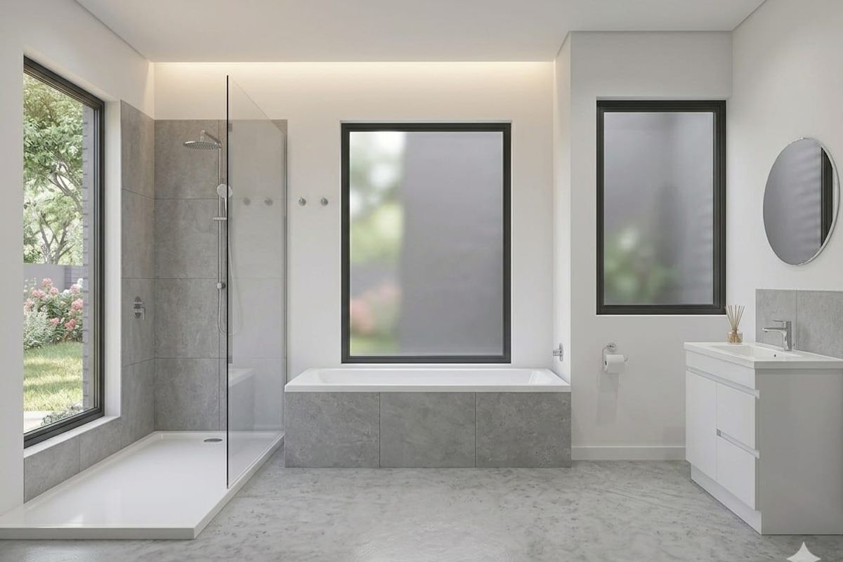 Modern bathroom featuring a walk-in glass shower, built-in bathtub, vanity with basin, and large windows providing natural light and garden views.