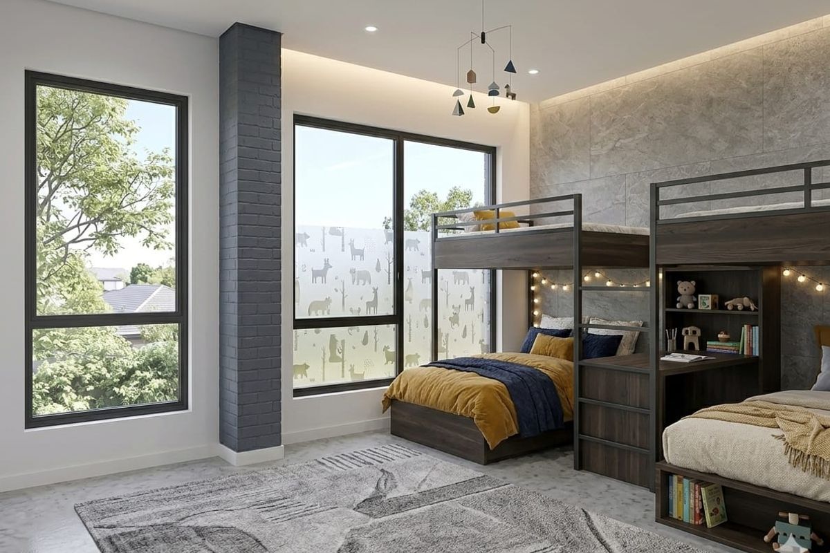 Modern bedroom featuring large windows, a decorative brick pillar, recessed ceiling lighting, and contemporary tiled flooring.