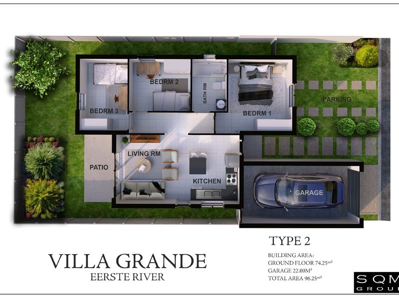 A detailed 3D floor plan for a Villa Grande townhouse, featuring three bedrooms, a bathroom, open-plan living area, kitchen, patio, and garage.