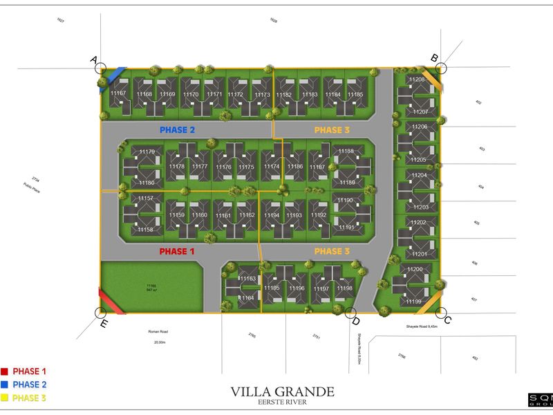 Site development plan for Villa Grande in Eerste River, illustrating the layout of townhouse units across three development phases.