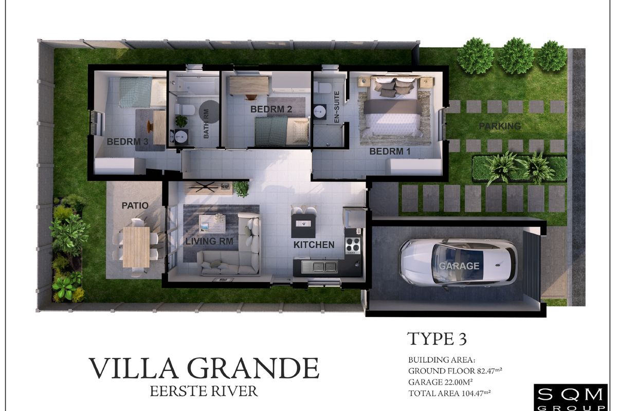 A detailed architectural floor plan for a three-bedroom townhouse unit, including kitchen, living area, patio, and garage layout.