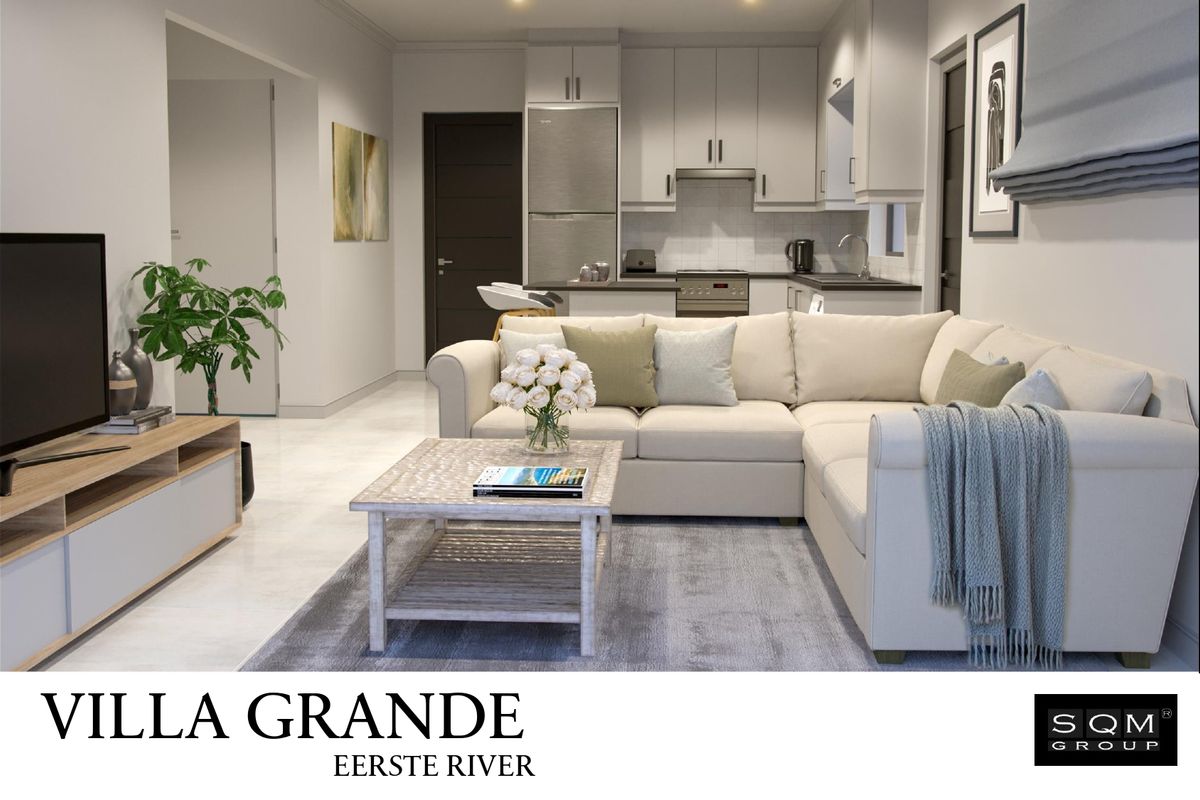 Modern open-plan living area featuring a contemporary kitchen with built-in cabinetry, integrated appliances, and sleek tiled flooring throughout.