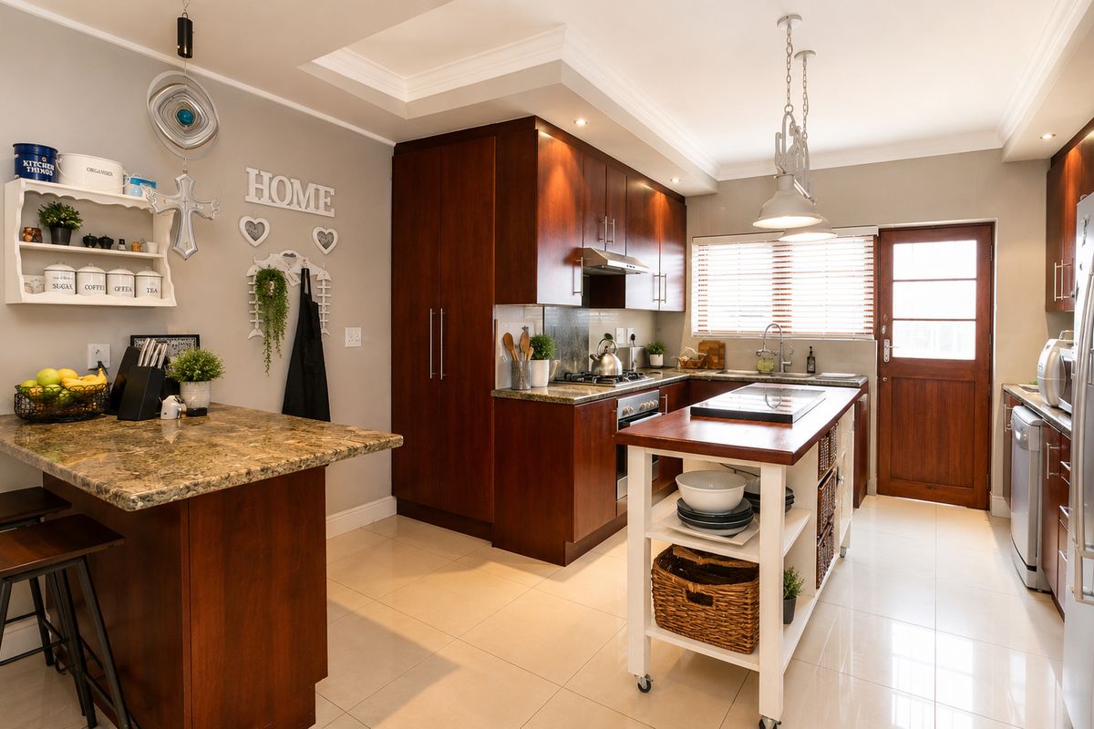 A well-appointed kitchen featuring dark wood cabinetry, granite countertops, a central mobile island, and tiled flooring with direct access to the exterior.