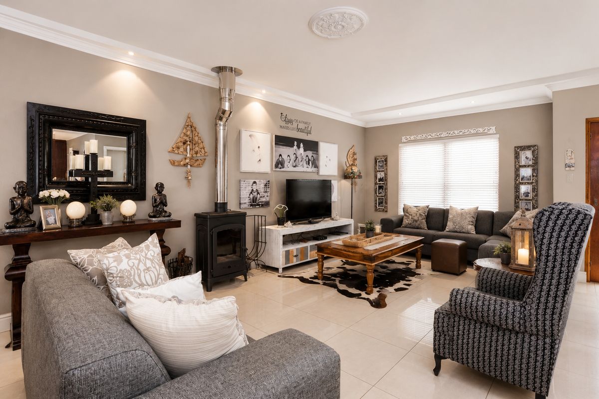 Spacious living room featuring polished tile flooring, recessed ceiling lighting, decorative crown molding, and a built-in wood-burning fireplace with a stainless steel flue.