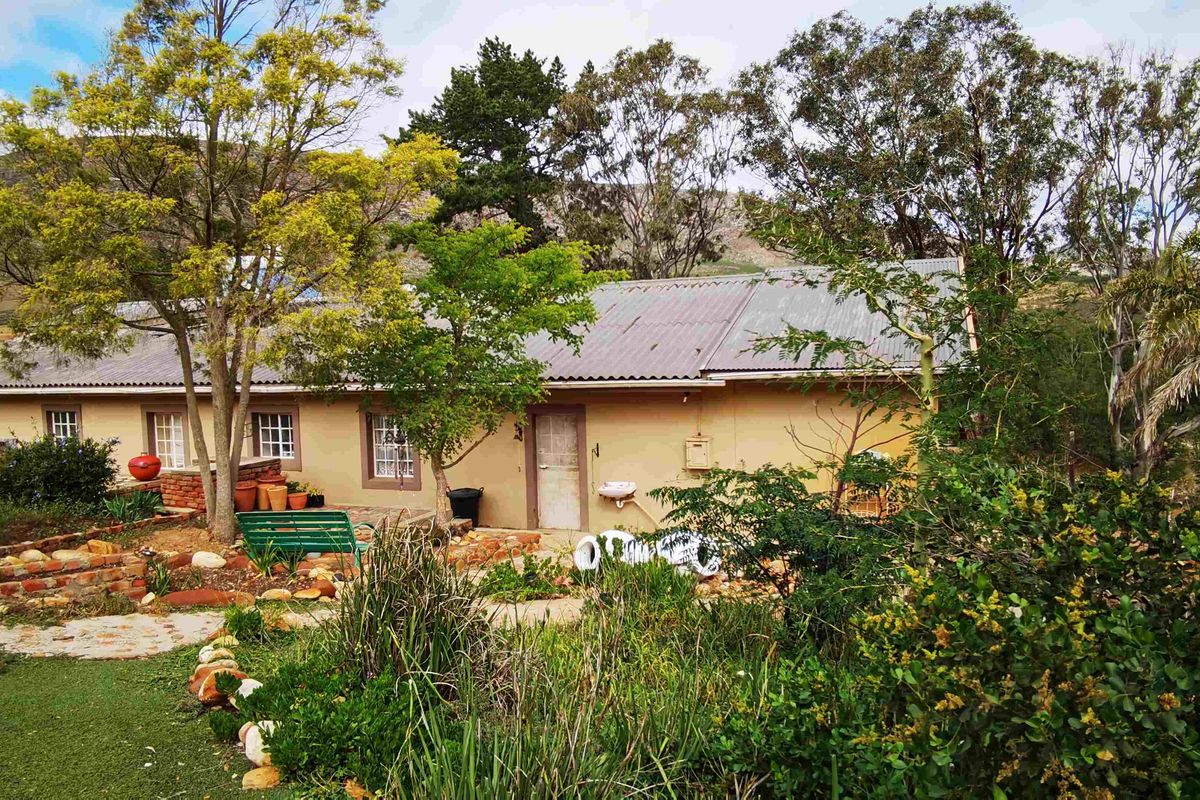 A rustic farm-style dwelling featuring a corrugated metal roof, set within a natural garden landscape with mountain views.