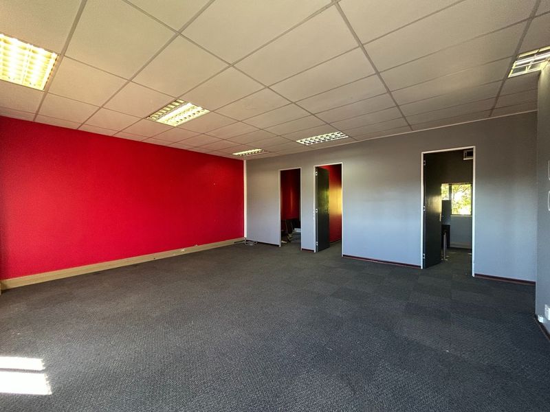 An empty office space featuring a suspended ceiling with recessed lighting, carpeted flooring, and multiple internal doorways leading to adjacent rooms.