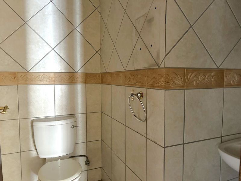 A dated bathroom featuring ceramic wall tiles with a decorative border, a standard toilet, and a wall-mounted towel ring.