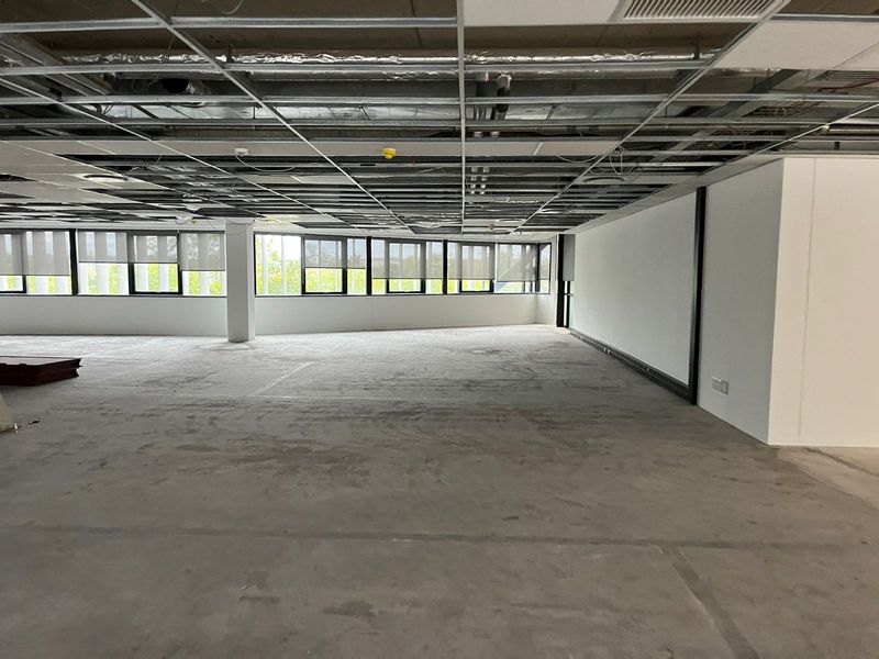 An open-plan office space in shell condition featuring a suspended ceiling grid, large windows with roller blinds, and exposed concrete flooring.
