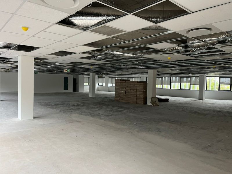 Large open-plan office space featuring structural columns, expansive windows, and an unfinished ceiling grid, offering a blank canvas for custom fit-out.