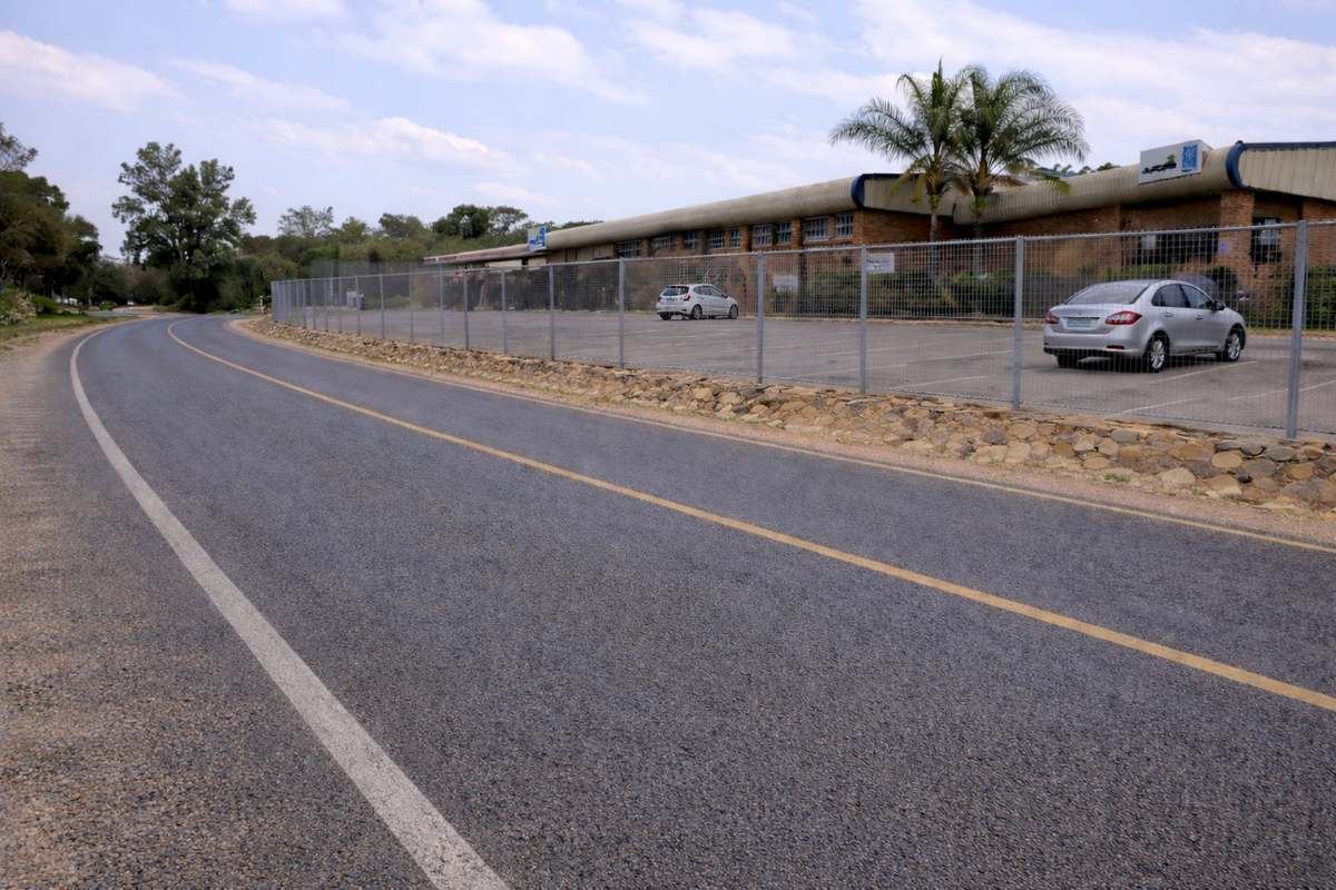 Street-level view of the commercial property featuring a paved parking area secured by perimeter fencing and a stone retaining wall.