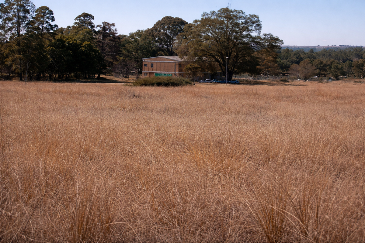 A wide-angle view of a large, undeveloped commercial land parcel featuring expansive dry grassland and mature trees in a natural setting.