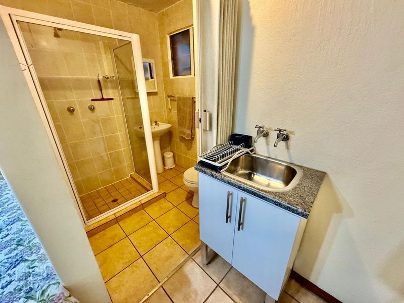 A functional bathroom featuring a shower enclosure, pedestal basin, toilet, and a separate utility sink with a vanity cabinet.