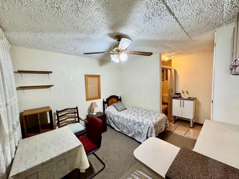 Open-plan studio apartment featuring a combined living and sleeping area with a small kitchenette vanity and an attached bathroom.