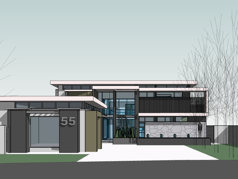 A modern architectural rendering of a contemporary house facade featuring stone cladding, flat roof lines, and large glass windows.