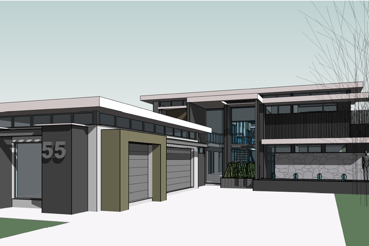 A digital architectural rendering of a modern two-story house featuring a double garage, stone facade elements, and a clean, contemporary design.