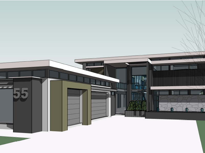 A digital architectural rendering of a modern two-story house featuring a double garage, stone facade elements, and a clean, contemporary design.