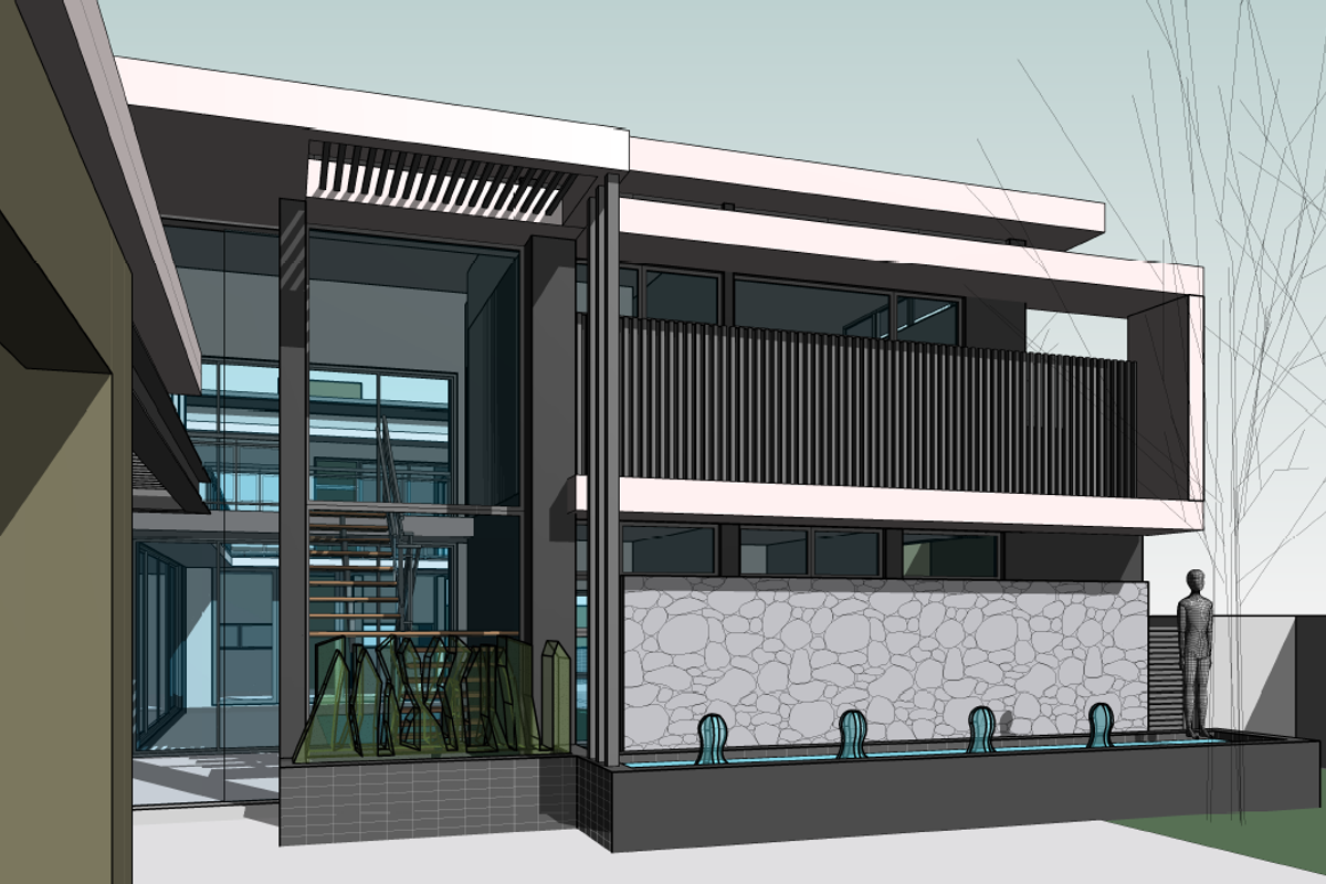 A modern architectural rendering of a rear exterior facade featuring stone cladding, a water feature, and a prominent glass-enclosed staircase.