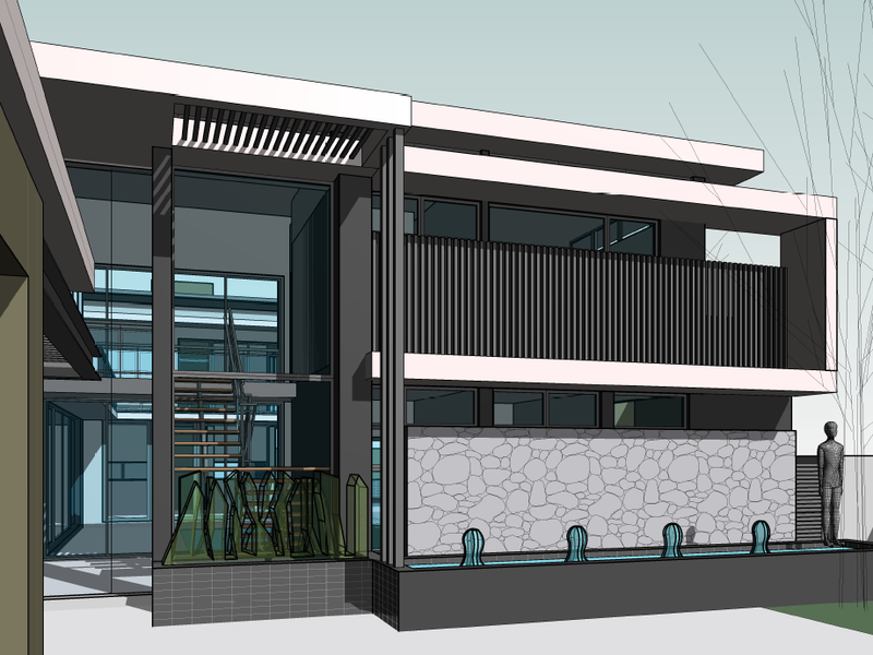 A modern architectural rendering of a rear exterior facade featuring stone cladding, a water feature, and a prominent glass-enclosed staircase.
