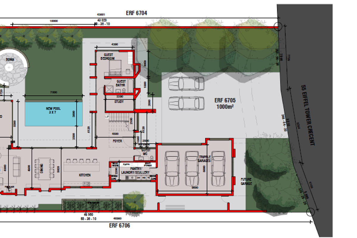 Architectural site plan and floor layout for a residential property, detailing room dimensions, pool area, and triple garage configuration.
