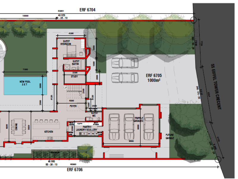 Architectural site plan and floor layout for a residential property, detailing room dimensions, pool area, and triple garage configuration.