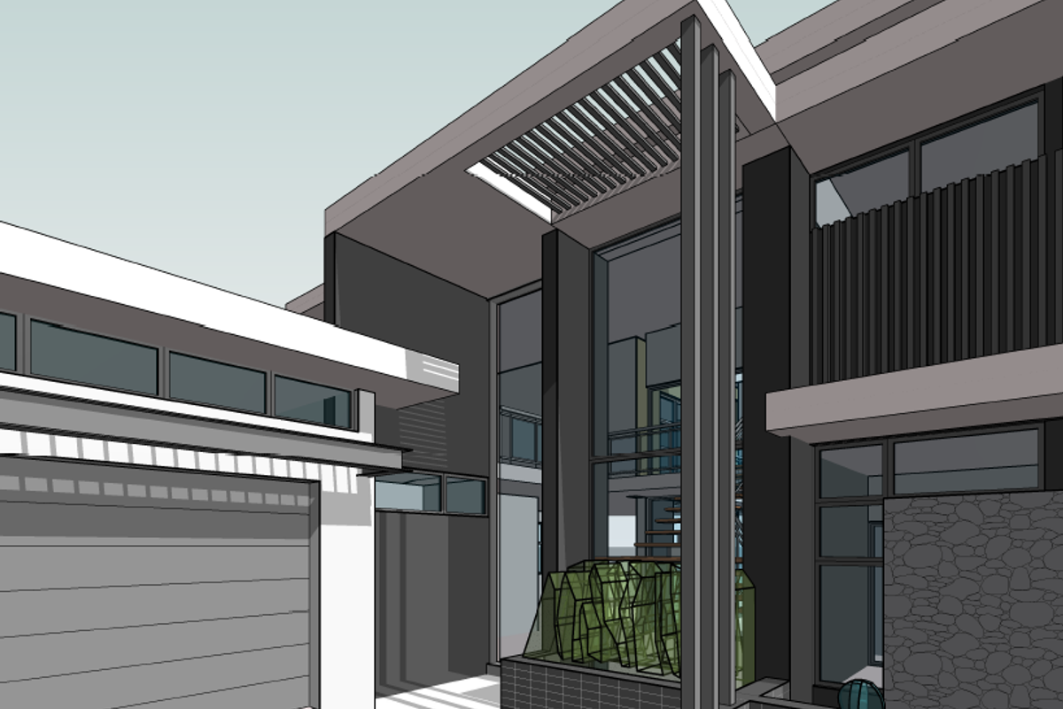 A modern architectural rendering of a contemporary home facade featuring a garage, stone accents, and a front water feature.