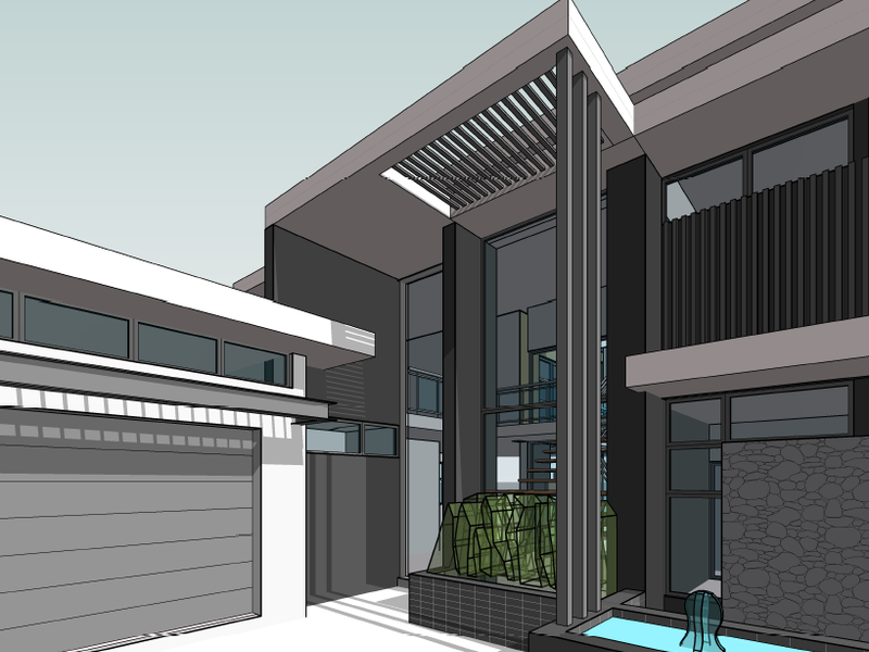A modern architectural rendering of a contemporary home facade featuring a garage, stone accents, and a front water feature.