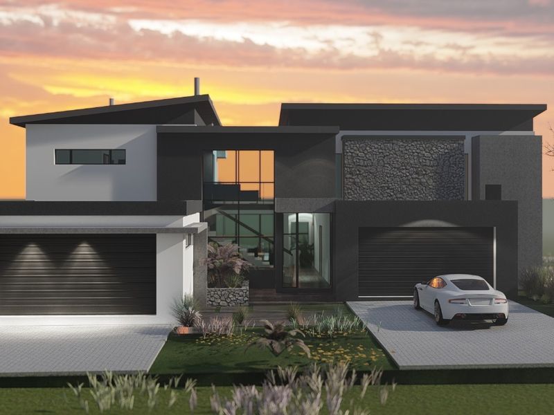 A modern architectural house design featuring a double garage, stone cladding, and large glass windows, presented as a high-quality 3D render.
