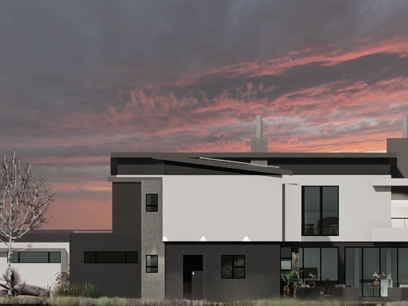 A modern two-story residential exterior featuring a contemporary design, flat roof, chimney, and large glass sliding doors opening to the rear.