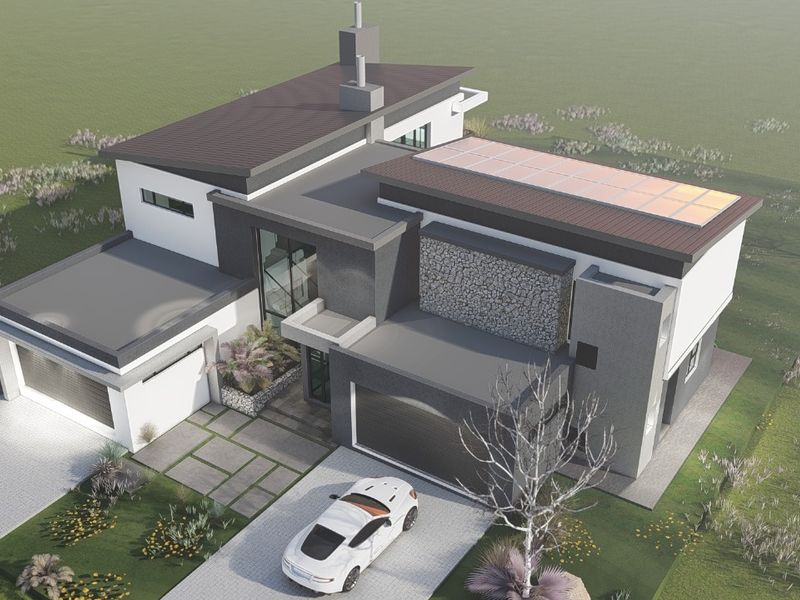 Aerial view of a modern architectural house design featuring solar panels, stone cladding, and a double garage.