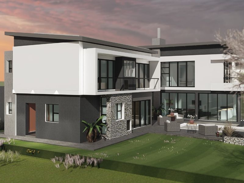 A modern two-story residential property featuring stone cladding, expansive glass sliding doors, a paved patio area, and a balcony.