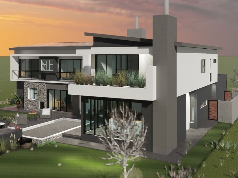 A modern architectural 3D render of a contemporary two-story house featuring stone cladding, a spacious balcony, and a paved rear patio area.
