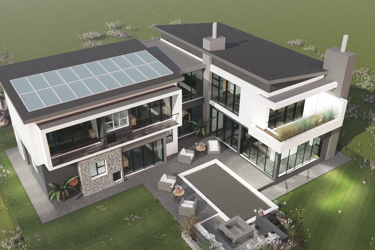Aerial view of a modern two-story residence featuring solar panels, a swimming pool, stone facade accents, and multiple balconies.