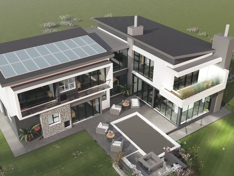 Aerial view of a modern two-story residence featuring solar panels, a swimming pool, stone facade accents, and multiple balconies.