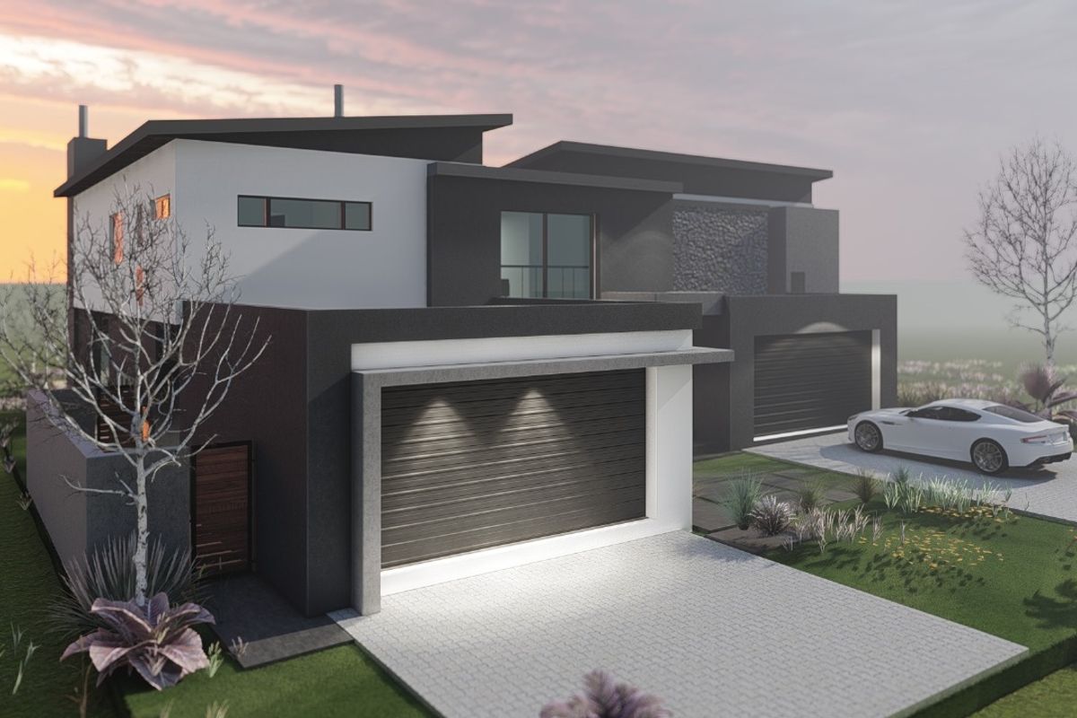 A modern double-story residential property featuring a contemporary facade, double garage, and paved driveway, presented as a high-quality architectural rendering.