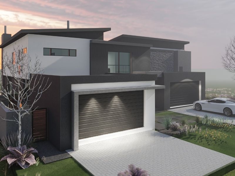 A modern double-story residential property featuring a contemporary facade, double garage, and paved driveway, presented as a high-quality architectural rendering.