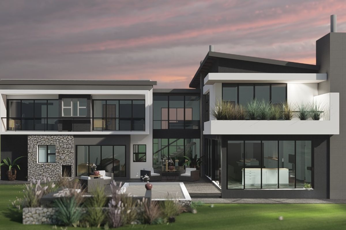 A modern architectural rear elevation featuring a swimming pool, stone accents, expansive glass windows, and a spacious balcony at sunset.