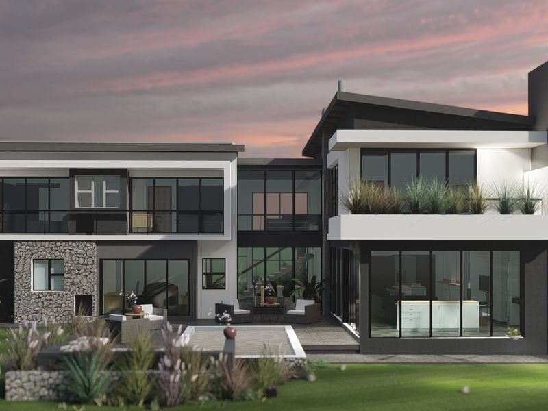 A modern architectural rear elevation featuring a swimming pool, stone accents, expansive glass windows, and a spacious balcony at sunset.