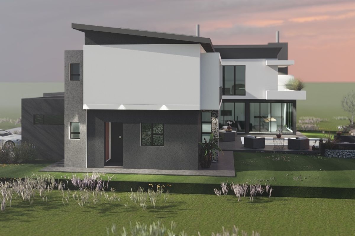 A modern architectural rendering of a contemporary two-story house featuring clean lines, stone accents, and expansive glass doors leading to a patio.