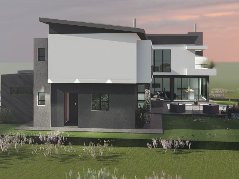 A modern architectural rendering of a contemporary two-story house featuring clean lines, stone accents, and expansive glass doors leading to a patio.