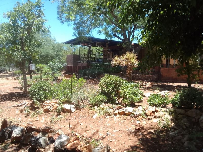 A rustic farm garden area featuring natural landscaping, stone borders, and a covered outdoor structure in the background.