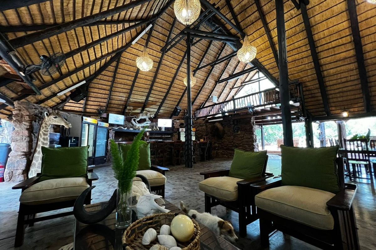 Spacious open-plan living area featuring a high thatched roof with exposed timber trusses, stone walls, and a built-in bar area.