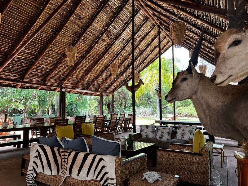 Spacious open-air patio featuring a traditional thatched roof with exposed timber rafters, concrete flooring, and expansive views of the surrounding garden.