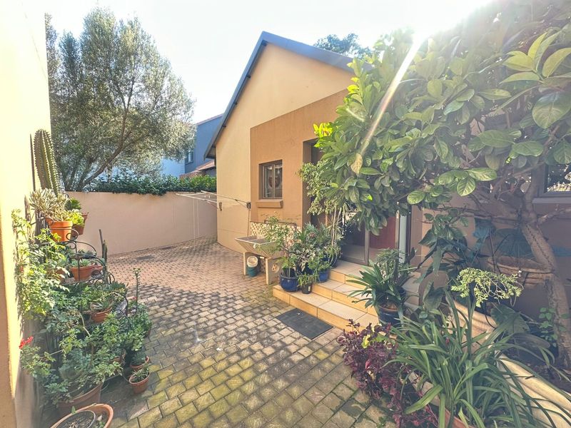 A private rear courtyard featuring paved flooring, a built-in utility sink, and a wall-mounted clothesline, offering a functional outdoor space.
