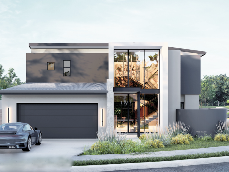 A modern double-story residential property featuring a sleek facade, large glass windows, and an integrated double garage with a paved driveway.