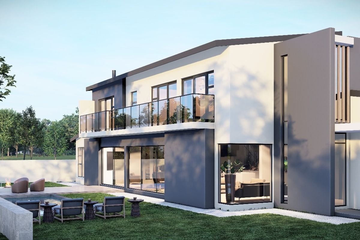 A modern two-story residential exterior featuring a spacious balcony with glass balustrades, large sliding doors, and a landscaped garden with a swimming pool.