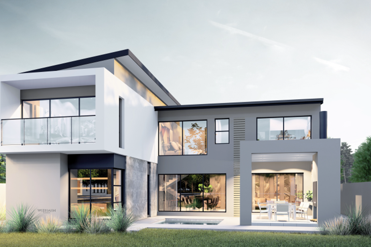 Modern double-story residence featuring a sleek facade, glass balcony, covered patio, and a swimming pool, showcasing contemporary architectural design.