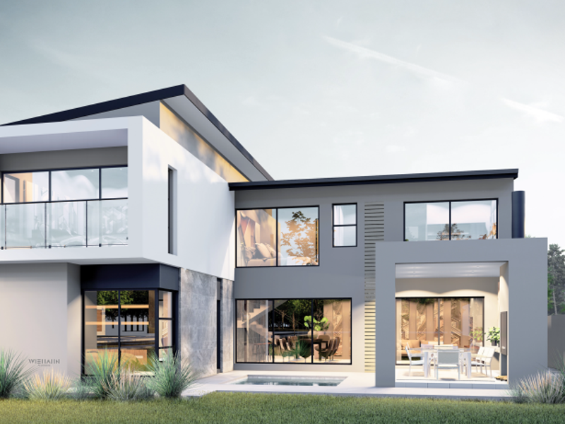 Modern double-story residence featuring a sleek facade, glass balcony, covered patio, and a swimming pool, showcasing contemporary architectural design.