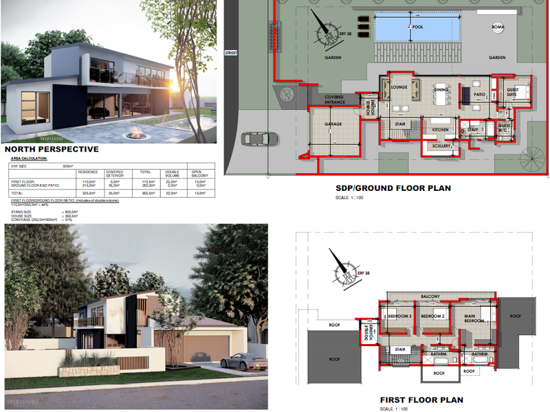 Architectural presentation board featuring 3D perspective renders and detailed ground and first floor plans for a modern residential property.