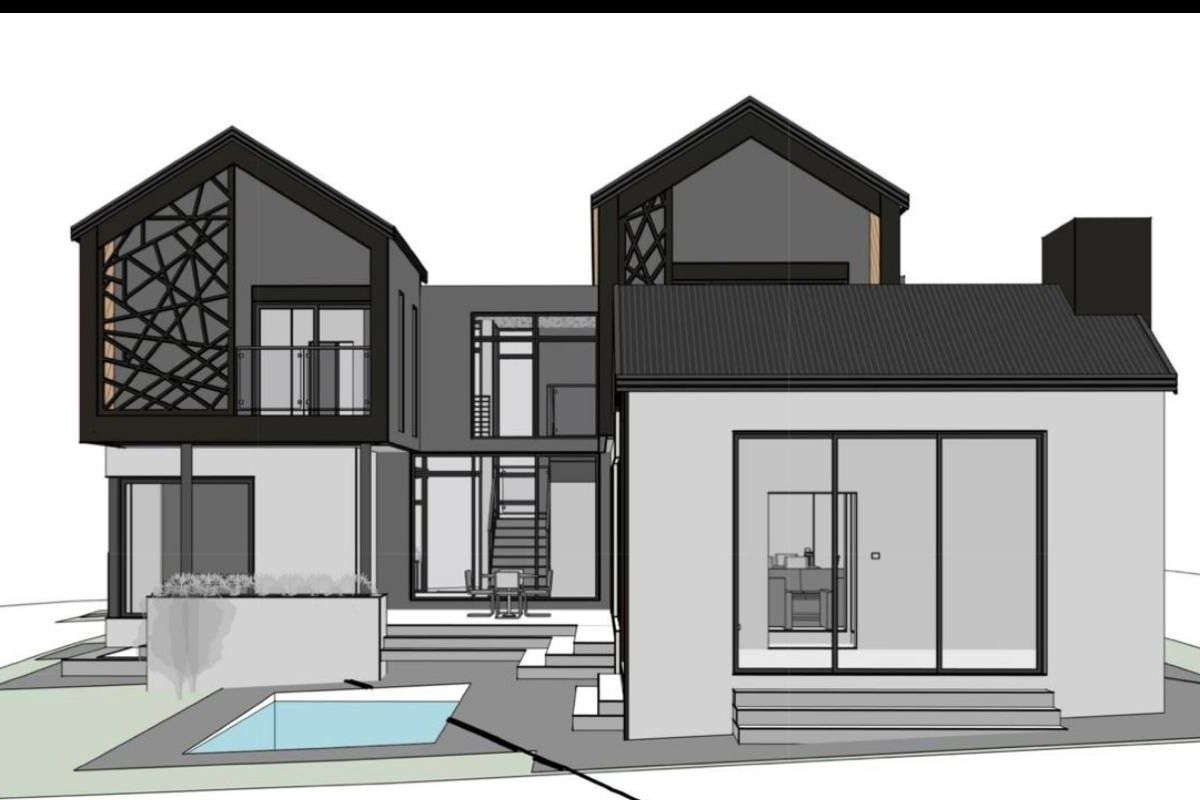 A 3D architectural rendering of a modern two-story house featuring a swimming pool, rear patio, and contemporary facade design.