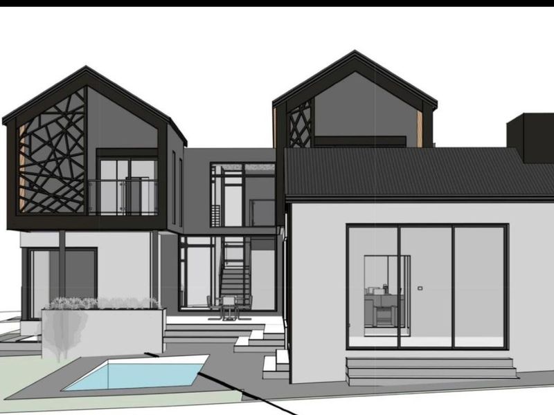 A 3D architectural rendering of a modern two-story house featuring a swimming pool, rear patio, and contemporary facade design.
